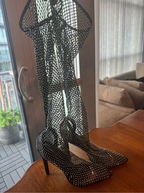 Public Desire Black Rhinestone Mesh Stiletto Knee-High Boots
